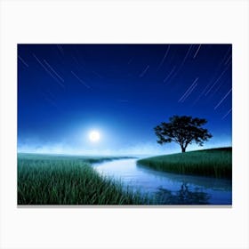 Midnight In A Tranquil Meadow Moon Casting A Silver Glow Over The Undulating Grasses Stars Dotting Canvas Print