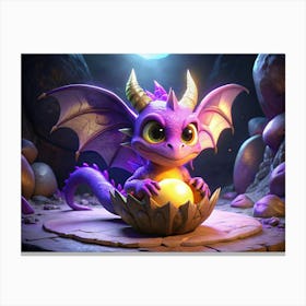 Baby Dragon In A Cave With A Golden Egg Canvas Print