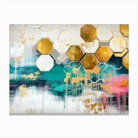 Rich Oil on Canvas with Abstract Golden Hexagons and Splashes of Turquoise Canvas Print