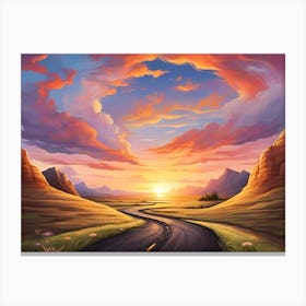 A Country Road Trough A Mountain Region With Some Green And Sun Dawn Wich Is Reflected By The Clouds - Vivid Color Painting Canvas Print