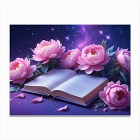 A Painting Of Pink Peonies With An Open Book, Surrounded By Stars On A Purple Background Canvas Print