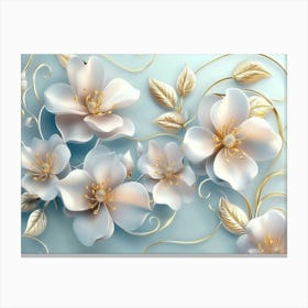 3d White And Pink Flowers, Golden Swirls And Leaves On Light Blue Canvas Print