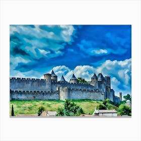 Medieval Fortress in Carcassonne France. A majestic medieval fortress stands tall against a backdrop of a bright blue sky adorned with fluffy white clouds. The fortress, constructed of weathered gray stone, features a towering wall with multiple watchtowers topped with conical roofs. The wall encloses a sprawling complex, hinting at a rich history and strategic importance. Canvas Print