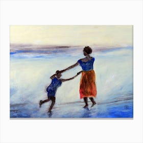 Beach Dancers - people mother child black sea sky Canvas Print