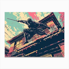 1960s Japanese Pop Art showing a Ninja jumping off a roof Canvas Print