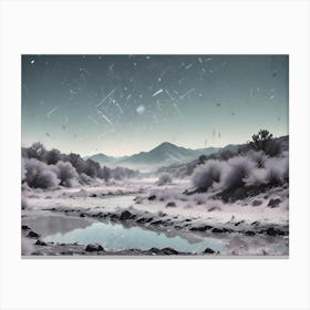 A Surreal Image Of A Snowy Landscape With A River And Mountains In The Background, With Falling Snow Creating A Magical Atmosphere Canvas Print