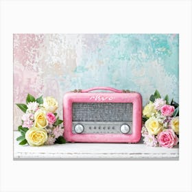 Vintage Pink And Grey Portable Radio Surrounded By Flowers Soft Background Embracing Pastel Pink B Canvas Print