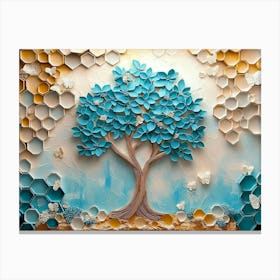 Serene Tree Turquoise and Blue Leaves, Soft Brown Shades, Colorful Canvas Print