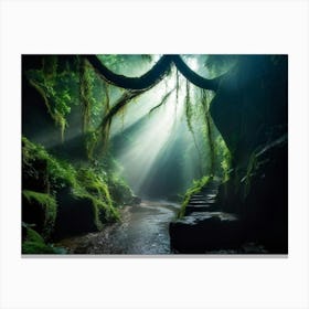 A Winding Path Carved Through An Ancient Forest Lush Greens Enveloping The Trail A Solitary Tree W (7) Canvas Print