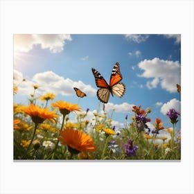 Vibrant Meadow With Colorful Wildflowers And Monarch Butterflies Fluttering Under A Sunny Sky With Fluffy White Clouds Canvas Print