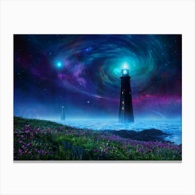 Venusian Landscape Featuring Towering Black Lighthouses Jutting From Swirling Cosmic Oceans Intense Canvas Print