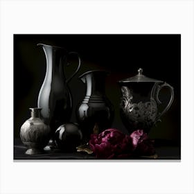 Black absolute, trending black still life with Bordo peony. Livingroom print art Canvas Print