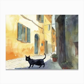 Black Cat In Pisa, Italy, Street Art Watercolour Painting 4 Canvas Print