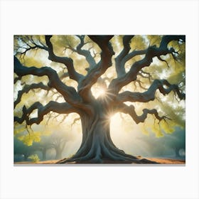 Ancient Oak Tree With Massive Roots Bathed In Warm Sunlight, Symbolizing Strength, Resilience, And The Passage Of Time Canvas Print