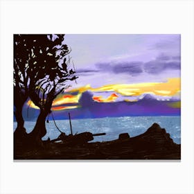 Evening at coast tree lake and beautiful sky oil painting Canvas Print