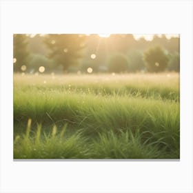 A Close Up Shot Of Green Grass With Dewdrops, With The Sun Shining In The Background, Creating A Warm, Inviting Atmosphere Canvas Print