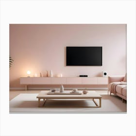 A Minimalist Living Room With A Pink Wall, A Pink Sofa, A White Coffee Table, And A Potted Plant, Representing A Modern And Contemporary Interior Design Style Canvas Print