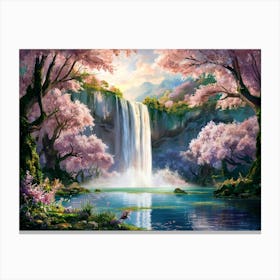 Majestic Waterfall Cherry Blossom Forest Painting #11 Canvas Print