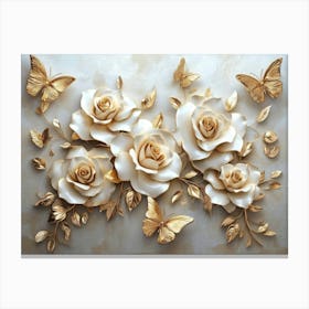 Gold Roses With Butterflies Painting Canvas Print