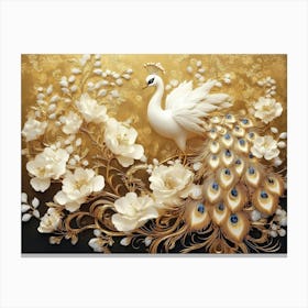 Golden And White Floral Peacock 1 Canvas Print