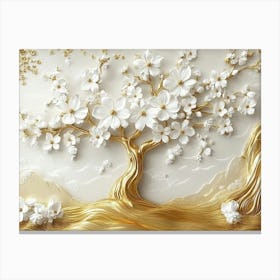 3d Art Golden Tree With White Flowers 1 Canvas Print