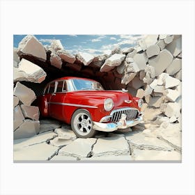 3d Classic Car Driving Through A Broken Wall Canvas Print