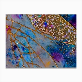 Blue and Gold Leaf Butterfly Wings Abstract Painting Canvas Print