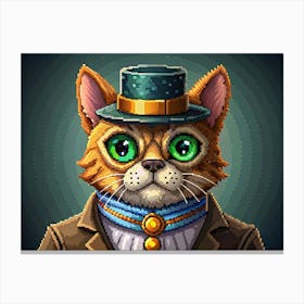 Pixelated Illustration Of A Cat Wearing A Top Hat And A Blue Scarf Canvas Print