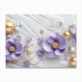 A 3d Artwork With Purple Flowers, Gold Balls, And Pearls On A White Marble Background Canvas Print