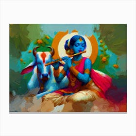 Divine Melody: Radha's Flute and Her Cow's Serene Harmony Canvas Print