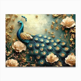 3d Peacock Illustration Background with Golden Jewelry and Flowers 1 Canvas Print