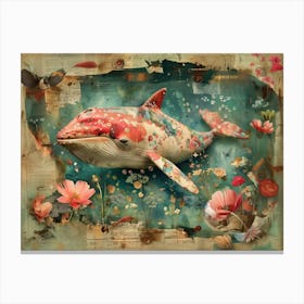 White whale In Flowers. Vintage style illustration. Wall art 01 Canvas Print