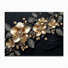 Gold Flowers On Black Background 9 Canvas Print