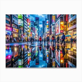 Urban Landscape Neon Reflections In A Rain Soak Canvas Print