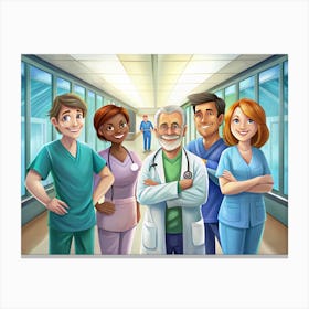 Group Of Diverse Healthcare Professionals In Hospital Corridor Canvas Print