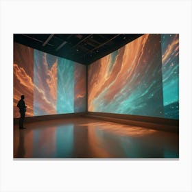 A Modern Gallery Space With A Curved Wall Of Screens Displaying A Digital Artwork Featuring A Vibrant, Abstract Landscape Of Clouds And Stars In Shades Of Orange And Blue Canvas Print