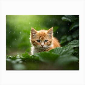 Cat hiding behind green leaves In The Rain Canvas Print