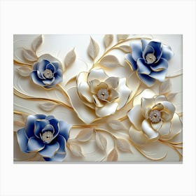 3d Blue And Gold Flowers Canvas Print