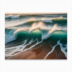 A Series Of Powerful, Turquoise Ocean Waves Crash Onto A Sandy Shore At Sunset, Creating A Dynamic And Colorful Display Of Nature S Force Canvas Print