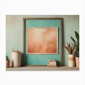 A Picture Frame With A Blurred Orange Background Image, Placed On A Wooden Shelf With Plants And Decorations Canvas Print