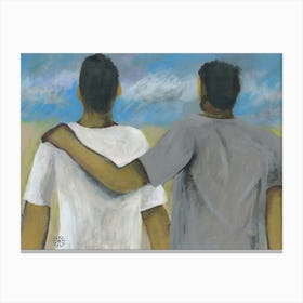 Two Men In White And Gray T Shirts - male bond riendship Canvas Print