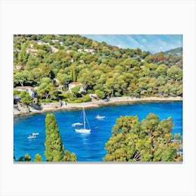 Serene Seascape Escape. The image depicts a tranquil coastal scene featuring a small, lush island surrounded by clear blue waters. Several boats are anchored nearby, and a person is seen riding a jet ski, leaving a trail of white foam behind. The sky is clear, enhancing the vibrant blue hues of the sea and sky, creating a picturesque and serene atmosphere. 5 Canvas Print