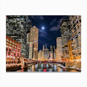 Moon Over The Chicago River Canvas Print