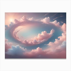 A Dreamy And Ethereal Image Of Pink And White Clouds Forming A Circle In A Blue Sky With A Golden Sun Shining Through Canvas Print