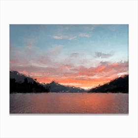 Sunset The River Mountains And Hills Oil Painting Landscape Canvas Print