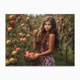 Beautiful Girl In Apple Orchard Canvas Print