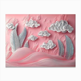 Pastel Pink 3d Expressionist Art With Silver Feathers Serene Clouds And Unique Hills Canvas Print