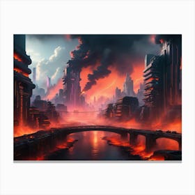 Cyberpunk city with lava and river 4 Canvas Print