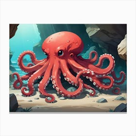 A Red Octopus Sits On A Sandy Seabed Amongst Rocks And Coral In A Cartoon Style Canvas Print