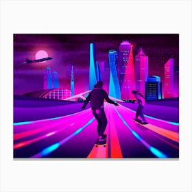 Skateboarders In The City - Synthwave Neon City Canvas Print